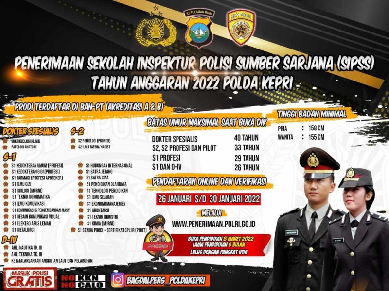 Polda Kepri menyelenggarakan Rekrutmen Penerimaan Sekolah Inspektur Polisi Sumber Sarjana (SIPSS) Polri Tahun Anggaran 2022. Foto: Istimewa