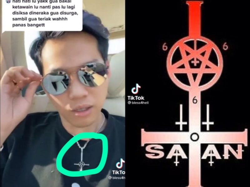 Indra Kenz disebut pemuja setan gegara pakai kalung salib terbalik. Foto: TikTok