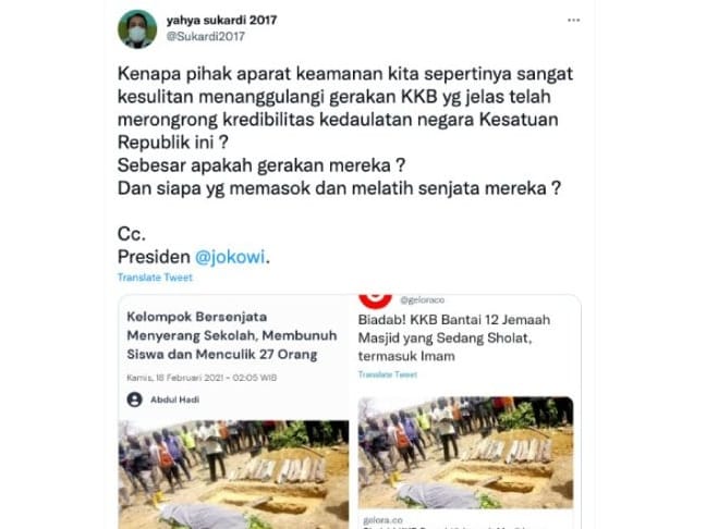 Unggahan misinformasi yang mempertanyakan upaya negara untuk menindak KKB karena menyerang jemaah masjid di Indonesia. Faktanya, kejadian tersebut terjadi di Nigeria. Foto: Twitter
