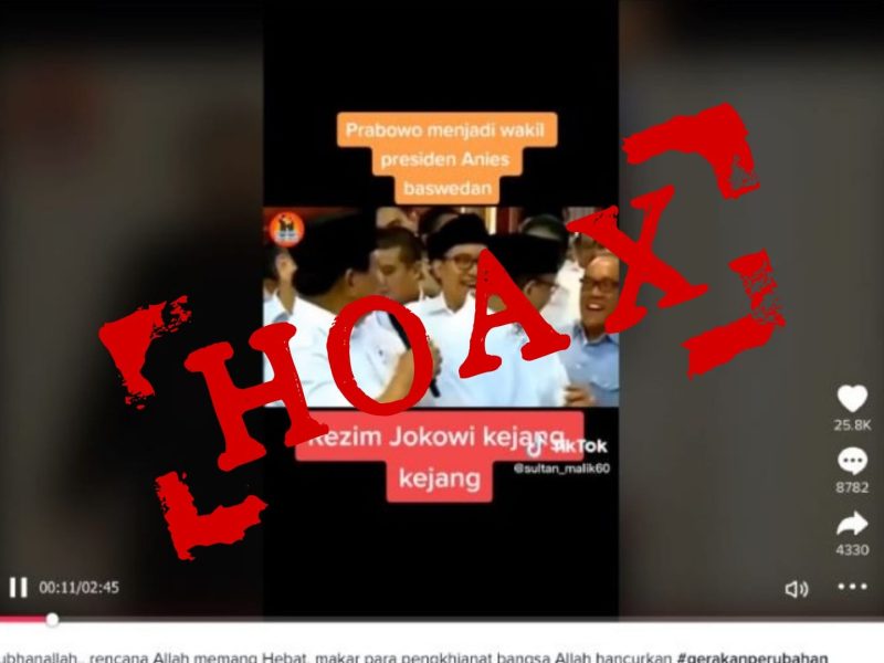 Unggahan video hoaks yang menyatakan Prabowo akan menjadi calon wakil presiden bersama Anies Baswedan. Faktanya, pernyataan tersebut baru merupakan ajakan dari Ketua DPP Bidang Pemenangan Pemilu Partai Nasdem, Effendi Choirie, jadi belum ada pernyataan resmi dari kedua pihak. Foto: TikTok
