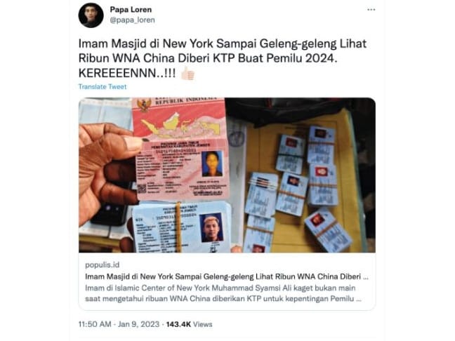 Unggahan hoaks yang menyatakan pemerintah cetak ribuan KTP elektronik WNA China untuk Pemilu 2024. Faktanya, Dirjen Dukcapil Kementerian Dalam Negeri Zudan Arif Fakrulloh mengatakan pemberian KTP, bahkan KTP elektronik mengikuti aturan perundang-undangan. Foto: ANTARA/Twitter