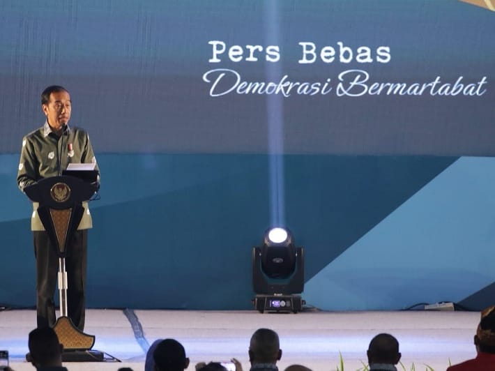 Presiden Joko Widodo dalam Acara Puncak Hari Pers Nasional (HPN) 2023 bertajuk Pers Bebas, Demokrasi Bermartabat di Kota Medan, Sumatra Utara (Sumut), pada Kamis (9/2/2023).Foto: Amiri Yandi/InfoPublik