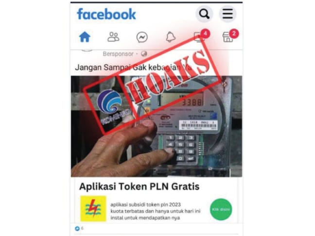 Unggahan hoaks yang menunjukan aplikasi subsidi token PLN 2023, setelah mengunggah aplikasi tersebut, pengguna bisa mendapatkan token gratis. Faktanya, tidak ada pengumuman resmi terkait aplikasi PLN tersebut. Foto: Facebook/ANTARA
