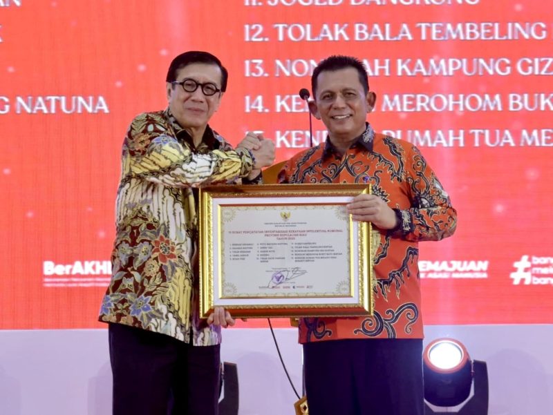Gubernur Kepulauan Riau H. Ansar Ahmad mendampingi Menteri Hukum dan HAM RI Yasonna H Laoly menghadiri malam puncak acara Intelektual Property dan Tourism Kepulauan Riau di Gedung Daerah, Tanjungpinang, Sabtu (17/6). Foto: Diskominfo Kepri 