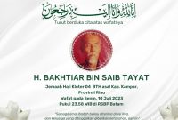 Jemaah haji Kloter 4 atas nama Bakhtiar bin Saib Tayat (68) asal Kabupaten Kampar, Provinsi Riau dikabarkan meninggal dunia pada Senin (10/7/2023) pukul 23.58 WIB. Foto: Kemenag 