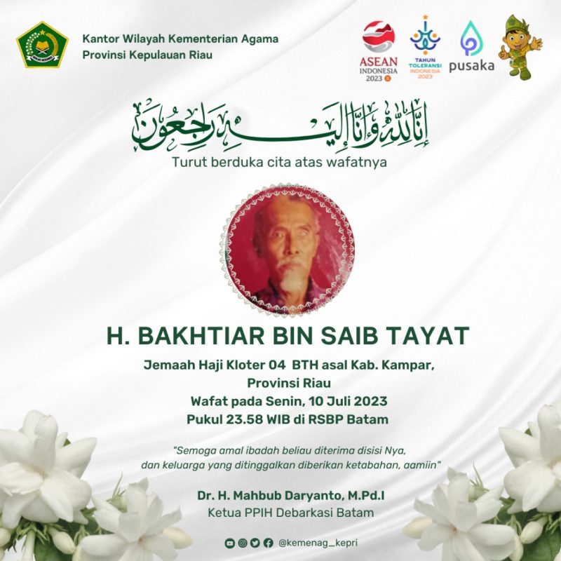 Jemaah haji Kloter 4 atas nama Bakhtiar bin Saib Tayat (68) asal Kabupaten Kampar, Provinsi Riau dikabarkan meninggal dunia pada Senin (10/7/2023) pukul 23.58 WIB. Foto: Kemenag 