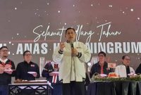 Ketua Umum Partai Kebangkitan Nasional (PKN) Anas Urbaningrum saat penutupan Musyawarah Nasional Luar Biasa PKN di Hotel Grand Sahid Jaya, Sabtu (15/7/2023). Foto: ANTARA/Narda Margaretha Sinambela