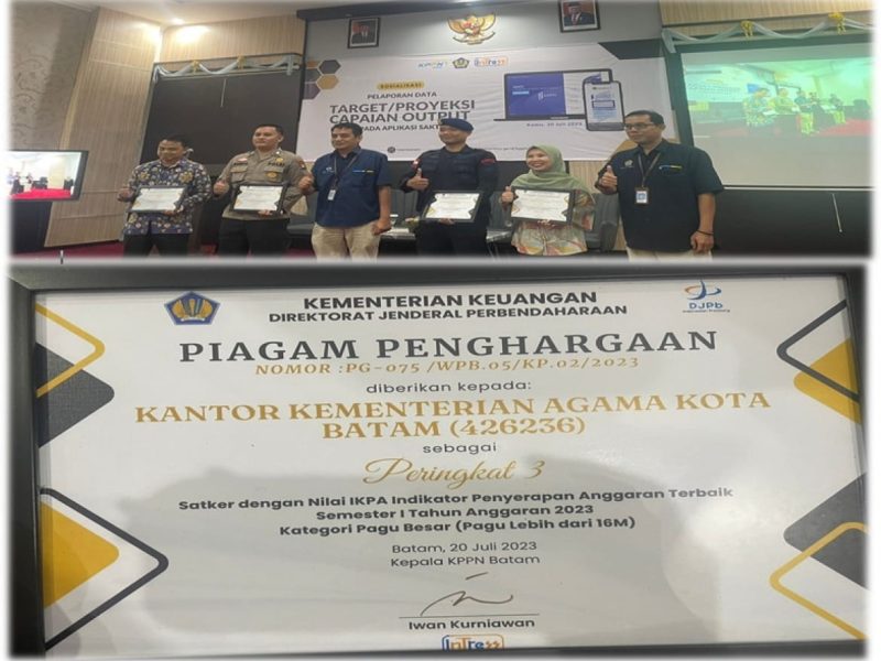 Kementerian Agama (Kemenag) Kota Batam menerima penghargaan dari Kepala KPPN Batam Iwan Kurniawan atas di Raihnya Peringkat 3 Satker dengan Nilai IKPA Indikator Penyerapan Anggaran Terbaik Semester I Tahun Anggaran 2023 Katagori Pagu Besar (Pagu Lebih dari 16 M) bertempat di Aula KPPN Batam,Kamis (20/7/2023). Foto: Kemenag Kota Batam 