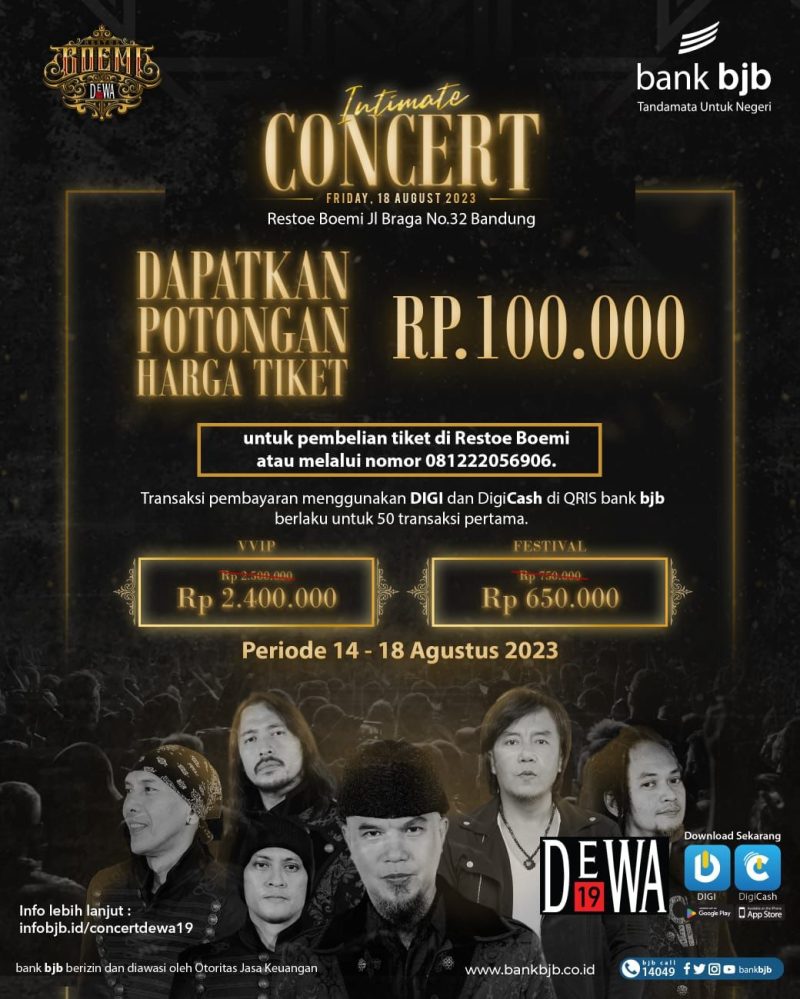 bank bjb akan menggelar pertunjukkan yang spesial bersama salah satu band legendaris di Indonesia, DEWA 19 bertajuk 'INTIMATE CONCERT' di Kafe Restoe Boemi, Jalan Braga, Kota Bandung, Jawa Barat, pada Jumat 18 Agustus 2023. Foto: bank bjb untuk INIKEPRI.COM 