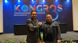 Duet Wahyu Dhyatmika (CEO Tempo Digital)  dan Maryadi (Direktur Bisnis dan Digital Katadata) terpilih secara aklamasi menjadi Ketua Umum dan Sekretaris Jenderal AMSI perioda 2023-2027, pada kongres III yang berlangsung di Hotel El Royale, Bandung 24 Agustus 2023. Foto: AMSI 
