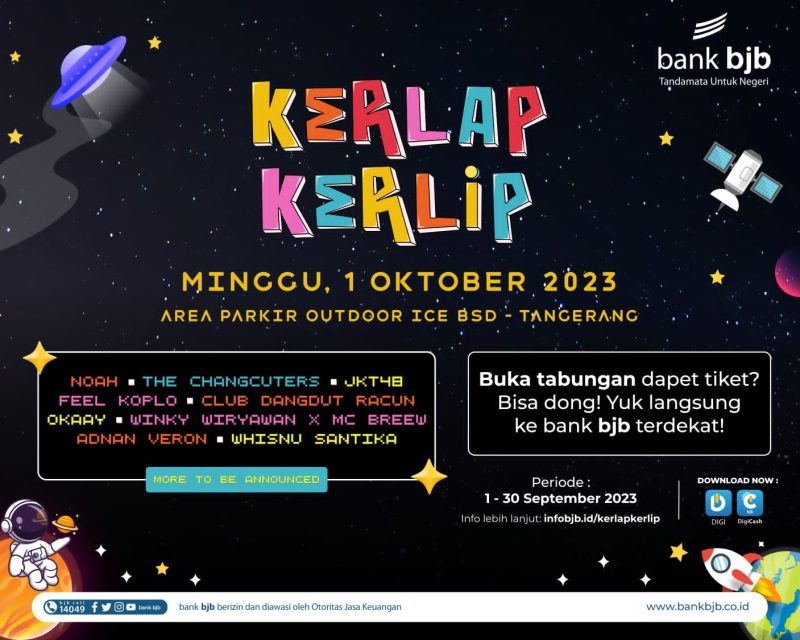 Kerlap-Kerlip Festival akan kembali digelar pada 1 Oktober 2023, bertempat di Area Parkir Outdoor ICE BSD Tangerang, Banten. bank bjb, sebagai salah satu sponsor menyiapkan berbagai program menarik. Jangan lewatkan keseruan Kerlap Kerlip Festival 2023 yang akan menghadirkan NOAH, Yura Yunita, Tiara Andini, The Changcuters, JKT 48, Feel Koplo, Club Dangdut Racun, Lomba Sihir, Okaay, KOTAK, Winky Wiryawan x MC Breew dan masih banyak musisi lainnya. Foto: bank bjb untuk INIKEPRI.COM 