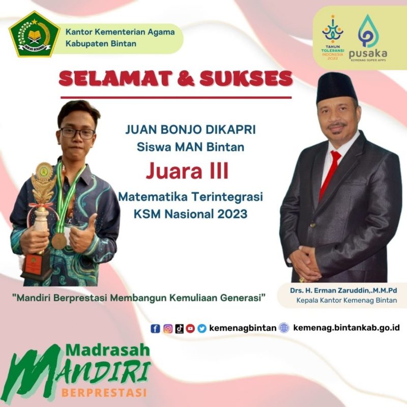 Siswa MAN Bintan Raih Juara III Matematika Terintegrasi KSM Nasional 2023. Foto: Istimewa 