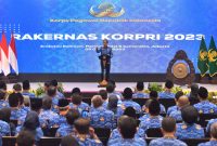 Presiden Jokowi saat membuka Rapat Kerja Nasional (Rakernas) Korps Pegawai Republik Indonesia (Korpri) Tahun 2023, di Mercure Hotel and Convention, Jakarta, Selasa (3/10/2023). Foto: BPMI Setpres.