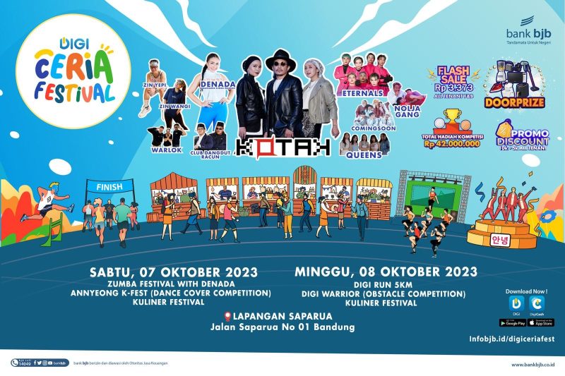 Digi Ceria Festival akan digelar pada Sabtu dan Minggu, tanggal 7 hingga 8 Oktober 2023, dari pukul 05.30 hingga 22.00 WIB, bertempat di Lapangan Saparua, Jl. Saparua No. 1, Bandung. Foto: bank bjb untuk INIKEPRI.COM
