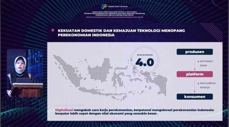 Plt. Kepala BPS Amalia Adininggar Widyasanti saat Sosialisasi Peraturan BPS Nomor 4 Tahun 2023 tentang Penyampaian dan Pengelolaan Data dan/atau Informasi PMSE pada Senin (30/10/2023. Foto: Tangkapan Layar Youtube BPS