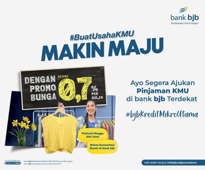 Sebagai bentuk apresiasi bank bjb kepada debitur setia pelaku UMKM yang membutuhkan suntikan modal, tak perlu khawatir. Karena bank bjb memiliki program promo pinjaman dengan suku bunga, sangat kompetitif serta biaya administrasi ringan dan terjangkau sehingga akan sangat membantu pelaku usaha Anda. Foto: bank bjb untuk INIKEPRI.COM