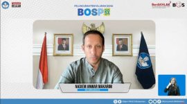 Menteri Pendidikan, Kebudayaan, Riset dan Teknologi (Mendikbudristek), Nadiem Anwar Makarim pada webinar Peluncuran Penyaluran Dana BOSP 2024, Rabu (17/1). Foto: dok. Kemendikbudristek.