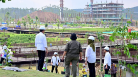 Presiden Jokowi mengunjungi area Sumbu Kebangsaan, Ibu Kota Nusantara (IKN), Kabupaten Penajam Paser Utara, Provinsi Kalimantan Timur, pada Rabu (20/12/2023). BPMI Setpres.