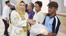 Ketua TP-PKK Provinsi Kepulauan Riau Hj. Dewi Kumalasari Ansar didampingi Kepala Dinas Sosial Kepri Burhanudin menyerahkan secara simbolis bantuan kepada para KPM. Foto: Diskominfo Kepri