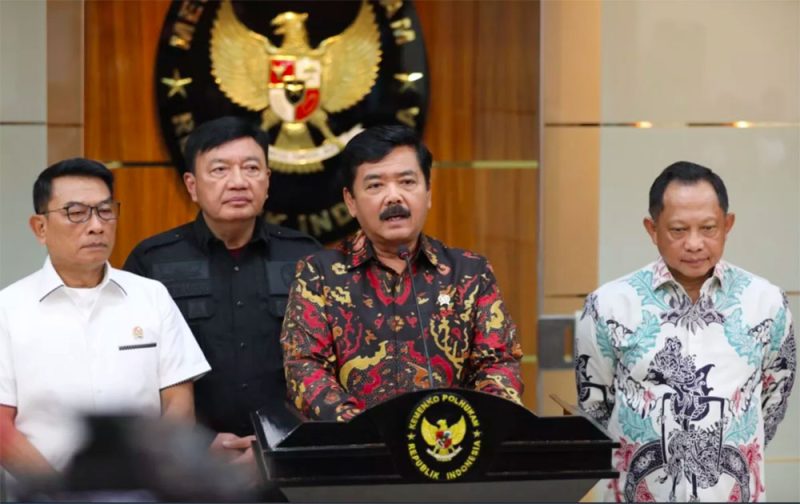 Menko Polhukam Hadi Tjahjanto saat jumpa pers di Kemenko Polhukam, Jakarta, Jumat (15/3/2023). Foto. Humas Kemenko Polhukam