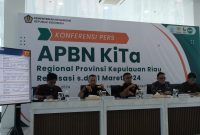 Kepala Kanwil Ditjen Perbendaharaan Provinsi Kepulauan Riau, Indra Soeparjanto selaku Kepala Kantor Perwakilan Kementerian Keuangan di Kepulauan Riau menyampaikan dalam Press Conference APBN Kita Realisasi per 31 Maret 2024 bahwa pertumbuhan perekonomian Kepulauan Riau pada triwulan I 2024 mengalami perkembangan yang baik dengan capaian pertumbuhan sebesar 4,45% (yoy). Angka ini menjadikan pertumbuhan ekonomi Kepri sebagai yang tertinggi di Regional Sumatera. Foto: INIKEPRI.COM