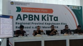 Kepala Kanwil Ditjen Perbendaharaan Provinsi Kepulauan Riau, Indra Soeparjanto selaku Kepala Kantor Perwakilan Kementerian Keuangan di Kepulauan Riau menyampaikan dalam Press Conference APBN Kita Realisasi per 31 Maret 2024 bahwa pertumbuhan perekonomian Kepulauan Riau pada triwulan I 2024 mengalami perkembangan yang baik dengan capaian pertumbuhan sebesar 4,45% (yoy). Angka ini menjadikan pertumbuhan ekonomi Kepri sebagai yang tertinggi di Regional Sumatera. Foto: INIKEPRI.COM