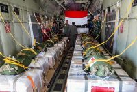 Pesawat Hercules TNI AU C 130 J dapat menerjunkan bantuan kemanusiaan di wilayah udara Palestina, Gaza, Selasa (9/2/2023). Foto. tni.mil.id