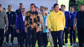 Momen saat Presiden Joko Widodo hadir di perayaan HUT ke-59 Partai Golkar bersama sejumlah Ketua Umum Partai Politik. Foto: Istimewa