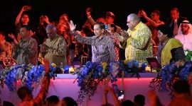 Presiden Joko Widodo (tengah) bersama Presiden Fiji Wiliame Maivalili Katonivere (kedua kanan) dan Pendamping Filomena Kumete Katonivere (kanan), Presiden Sri Lanka Ranil Wickremesinghe (kedua kiri), Perdana Menteri Tajikistan Qohir Rasulzoda (kiri) menghadiri Welcoming Dinner World Water Forum ke-10 2024 di kawasan Taman Budaya Garuda Wisnu Kencana (GWK), Badung, Bali, Minggu (19/5/2024). ANTARA FOTO/Media Center World Water Forum 2024/Fikri Yusuf/pras.