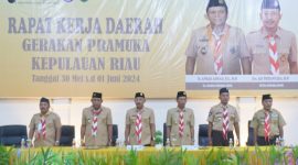 Rapat Kerja Daerah (Rakerda) Gerakan Pramuka Kwartir Daerah (Kwarda) Provinsi Kepri tahun 2024 secara resmi dibuka oleh Ka. Kwarda Kepri Adi Prihantara bertempat di Aula Kwarda Kepri,  Dompak, Tanjungpinang, Kamis (30/5/2024) malam. Foto: Diskominfo Kepri