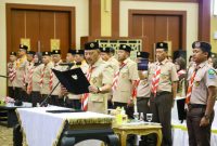 Ulang Janji, Penyerahan Tanda Penghargaan dan Pelantikan Pengurus Satuan Karya Pramuka Taruna Bumi bertempat di Aula Wan Seri Beni Kantor Gubernur Kepri, Dompak, Tanjungpinang. Foto: Diskominfo Kepri