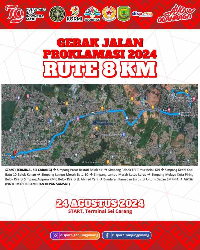 Dinas Kepemudaan dan Olahraga (Dispora) Kota Tanjungpinang resmi merilis rute Gerak Jalan Proklamasi 2024, yang akan diadakan untuk memeriahkan Hari Ulang Tahun (HUT) Kemerdekaan ke-79 Republik Indonesia. Foto: Diskominfo Tanjungpinang