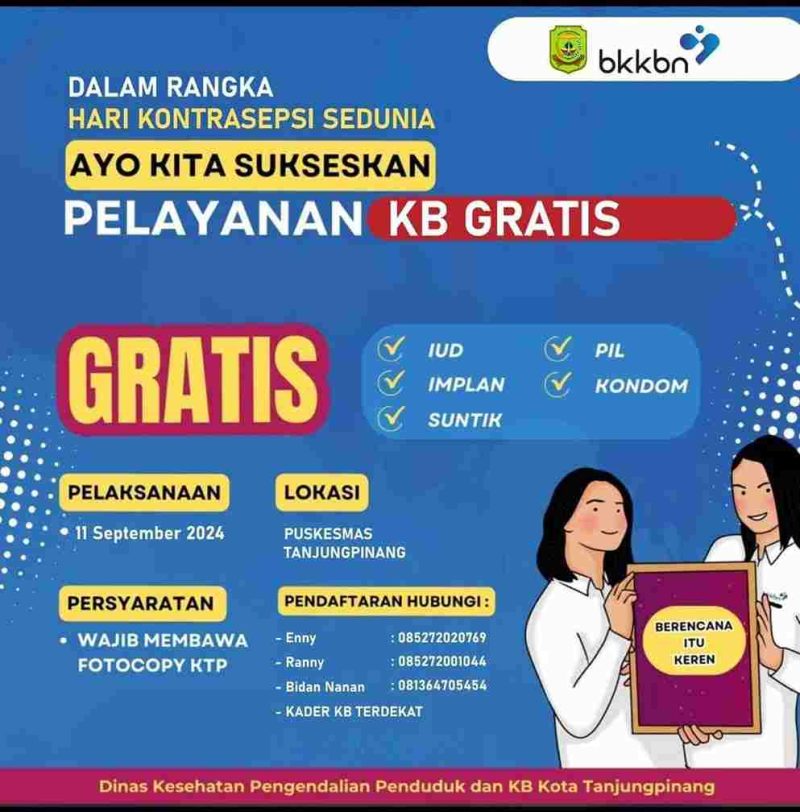 Dinas Kesehatan, Pengendalian Penduduk, dan Keluarga Berencana (Dinkes PPKB) Kota Tanjungpinang menargetkan sebanyak 1.450 akseptor dalam program pelayanan Keluarga Berencana (KB) gratis yang akan berlangsung mulai 10 hingga 20 September 2024. Foto: Diskominfo Tanjungpinang
