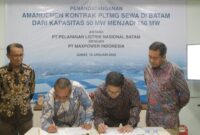 PT PLN Batam dan PT Maxpower Indonesia resmi menandatangani amandemen kontrak untuk Pembangkit Listrik Tenaga Mesin Gas (PLTMG) sewa di Batam, yang meningkatkan kapasitas dari 50 MW menjadi 150 MW. Foto: INIKEPRI.COM