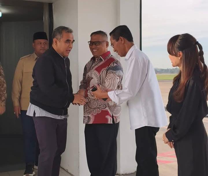 Ketua DPRD Kepri Iman Sutiawan, Wakil Gubernur Kepri Nyanyang Haris Pratamura, Wali Kota Batam sekaligus Ex Officio Kepala BP Batam Amsakar Achmad dan Wakil Wali Kota sekaligus Ex Officio Wakil Kepala BP Li Claudia Chandra menyambut kedatangan Ketua MPR RI Ahmad Muzani. Foto: INIKEPRI.COM/Arif
