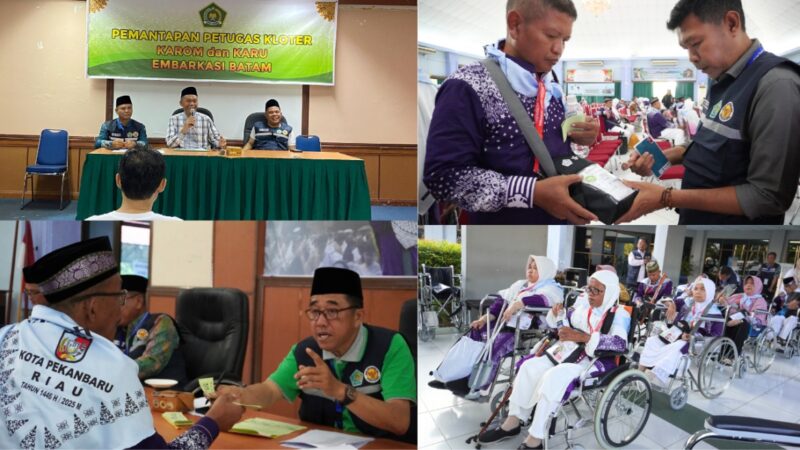 Jemaah calon haji (JCH) yang tergabung dalam kelompok terbang (kloter) 4 embarkasi Batam (BTH) telah diberangkatkan ke Tanah Suci, Senin (5/5/2025) puku 09:14 WIB melalui bandara Hang Nadim Batam. Foto: INIKEPRI.COM