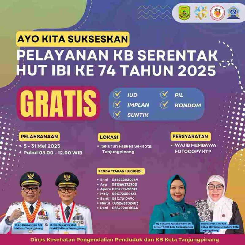 Dalam rangka memperingati Hari Ulang Tahun ke-74 Ikatan Bidan Indonesia (IBI), Dinas Kesehatan, Pengendalian Penduduk dan Keluarga Berencana (Dinkes PPKB) Kota Tanjungpinang akan menggelar pelayanan KB serentak secara gratis mulai 5-31 Mei 2025. Foto: INIKEPRI.COM/Diskominfo Tanjungpinang 
