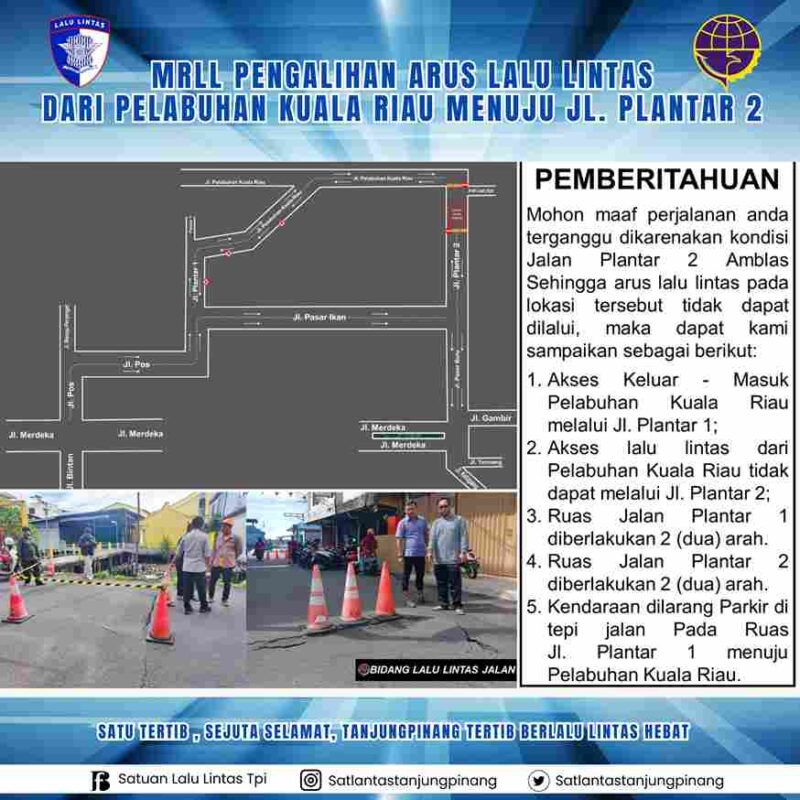 Jalan Pelantar II di kawasan Tanjungpinang Kota mengalami amblas akibat robohnya tiang beton penahan pada Jumat (16/5/2025). Foto: Satlantas Tanjungpinang 