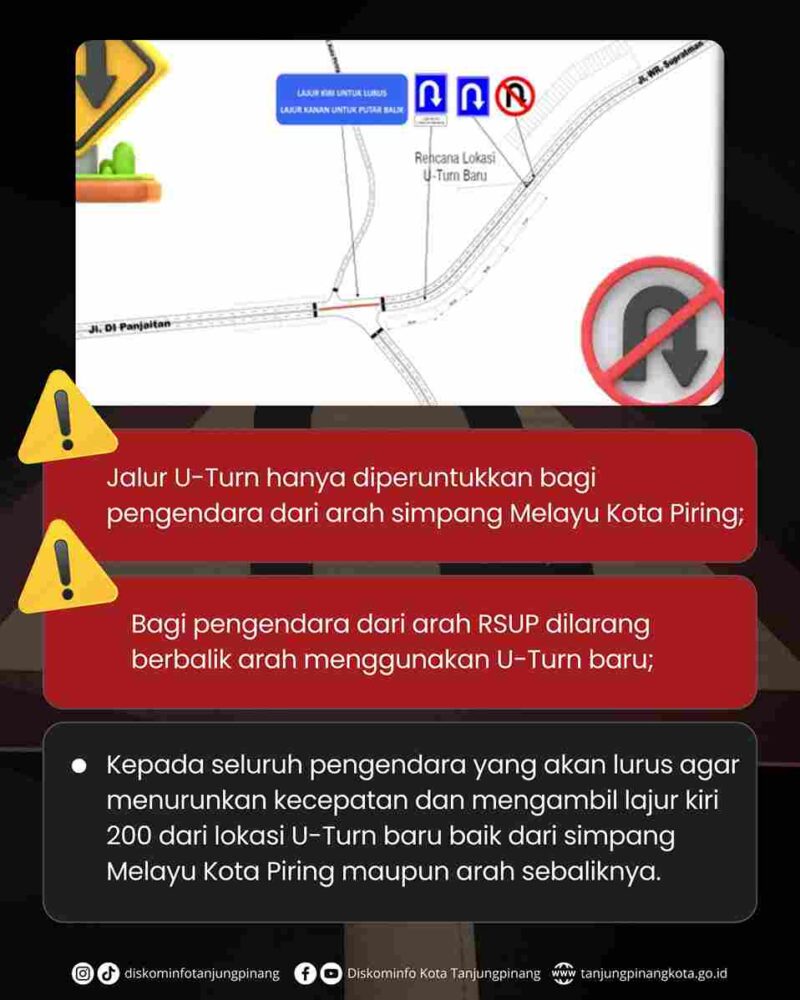 Pemerintah Kota Tanjungpinang melalui Dinas Komunikasi dan Informatika (Diskominfo) mengumumkan bahwa pekerjaan pembangunan U-Turn (putaran balik) baru di Jalan W.R. Supratman, tepatnya di Simpang Melayu Kota Piring, telah selesai dilaksanakan dan kini telah resmi difungsikan. Foto: INIKEPRI.COM/Diskominfo Tanjungpinang 