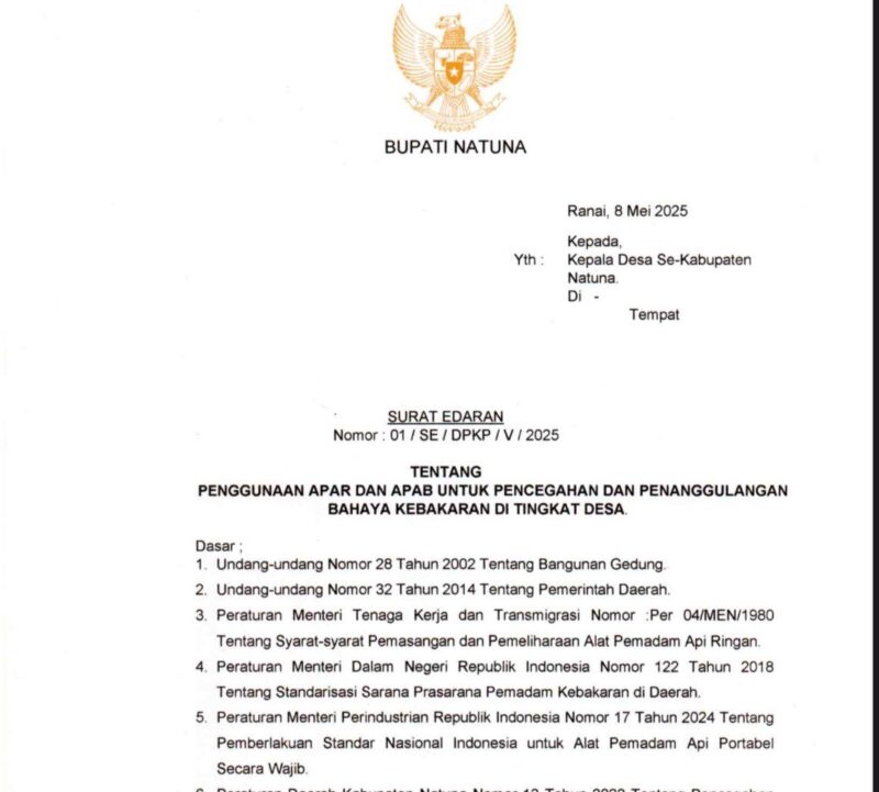 Surat Edaran Wajibkan Desa Sediakan APAR. Foto: Disdamkar Natuna