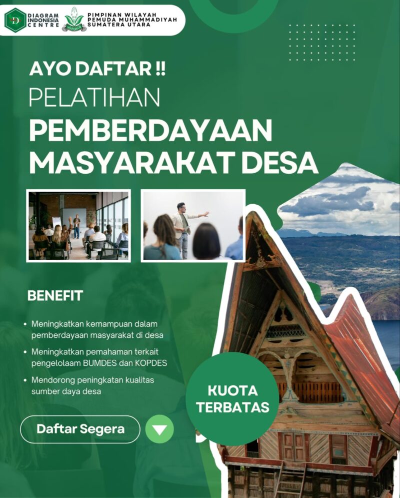 Flyer Program Pelatihan Pemberdayaan Masyarakat Desa yang akan dilakukan di 13 kota di Sumatera Utara. Foto: Diagram Indonesia Center & Pimpinan Wilayah Pemuda Muhammadiyah Sumut (PWPM Sumut)
