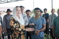Bupati Natuna Cen Sui Lan menyerahkan bantuan bibit cabai keriting kepada lima kelompok tani di Desa Tapau, Kecamatan Bunguran Tengah. Foto: INIKEPRI.COM/NatunaKab 