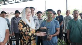 Bupati Natuna Cen Sui Lan menyerahkan bantuan bibit cabai keriting kepada lima kelompok tani di Desa Tapau, Kecamatan Bunguran Tengah. Foto: INIKEPRI.COM/NatunaKab 