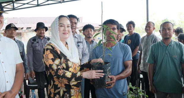 Bupati Natuna Cen Sui Lan menyerahkan bantuan bibit cabai keriting kepada lima kelompok tani di Desa Tapau, Kecamatan Bunguran Tengah. Foto: INIKEPRI.COM/NatunaKab 