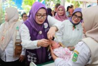 Pembina Posyandu Kota Batam, Erlita Amsakar, melayani balita saat peringatan Hari Posyandu Nasional 2026 yang digelar di Kecamatan Sekupang dan Kecamatan Lubukbaja. Foto: INIKEPRI.COM/Media Center Batam 
