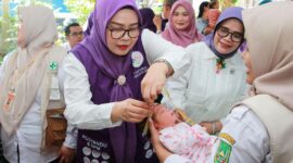 Pembina Posyandu Kota Batam, Erlita Amsakar, melayani balita saat peringatan Hari Posyandu Nasional 2026 yang digelar di Kecamatan Sekupang dan Kecamatan Lubukbaja. Foto: INIKEPRI.COM/Media Center Batam 