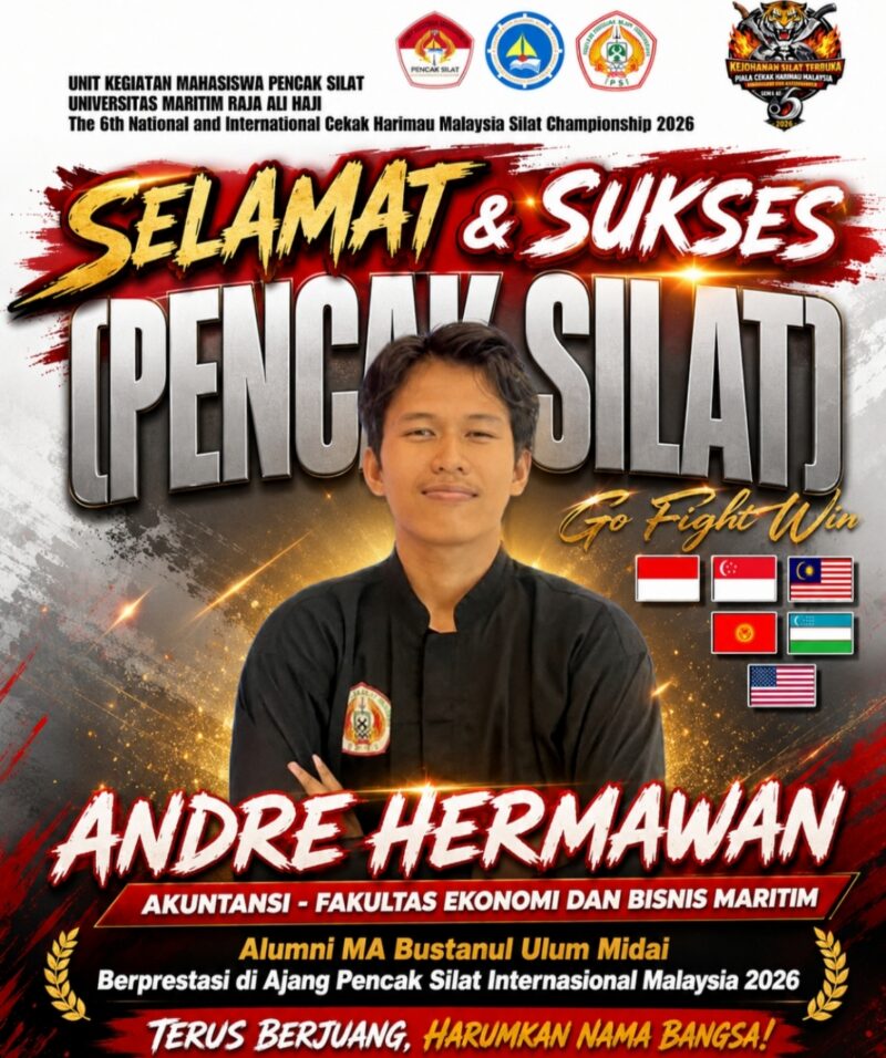 Andre Hermawan, alumni MA Bustanul Ulum Midai, sukses menorehkan prestasi membanggakan dalam ajang The 6th National and International Cekak Harimau Malaysia Silat Championship 2026. Foto: Istimewa