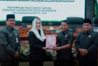Bupati Natuna Cen Sui Lan menyampaikan Rancangan Peraturan Daerah (Ranperda) tentang Pertanggungjawaban Pelaksanaan Anggaran Pendapatan dan Belanja Daerah (APBD) Tahun Anggaran 2025 dalam Rapat Paripurna DPRD Kabupaten Natuna. Kegiatan berlangsung di Ruang Rapat Paripurna DPRD Kabupaten Natuna. Foto: INIKEPRI.COM
