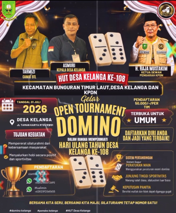 e-Flyer Turnamen Domino KPDN dalam rangka HUT ke-108 Desa Kelanga. Foto: Istimewa