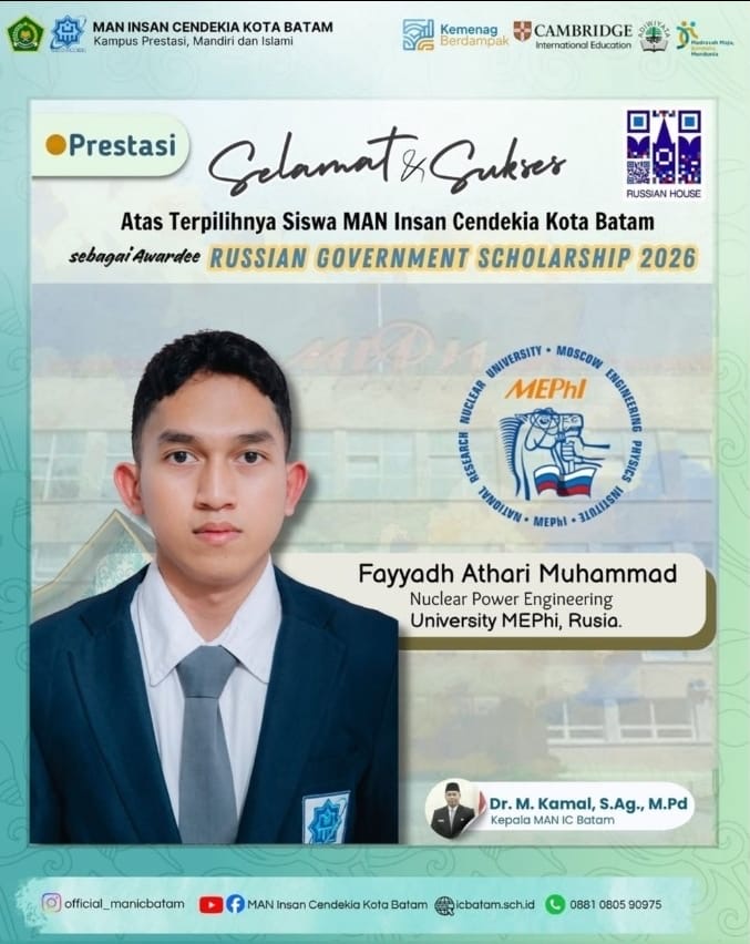 Fayadh Athari Muhammad berhasil memperoleh Russian Government Scholarship 2026. Foto: MAN IC BATAM